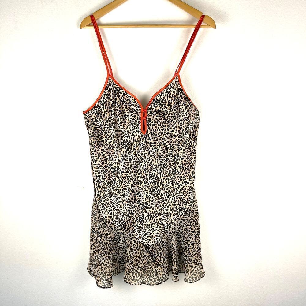 Vintage Y2K Cinema Etoile Animal Print Red Trim Nightie Slip Gown Medium *FLAW